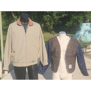 ZIP OUT LINING Tan Chore Coat Plaid Barn Jacket Leather Collar Mens Bomber 46 **